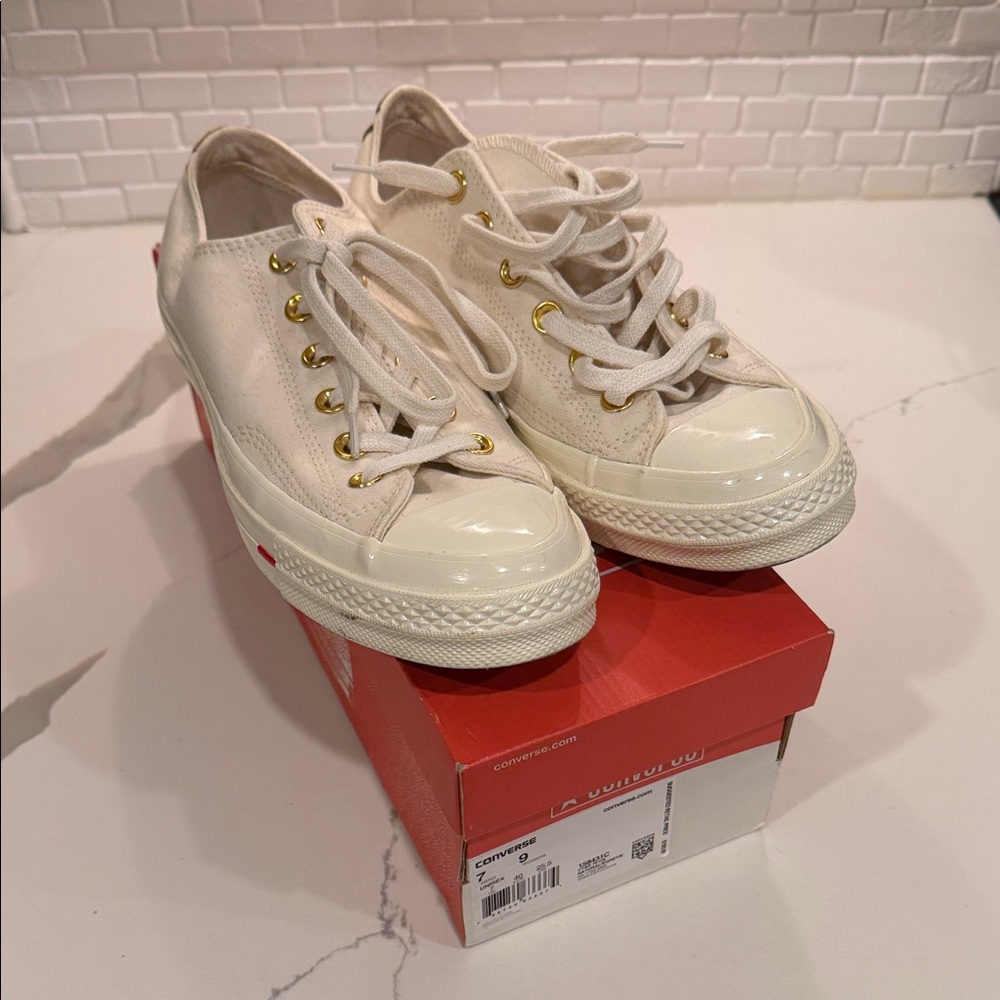 Converse Cream Canvas Sneakers with Gold Accents